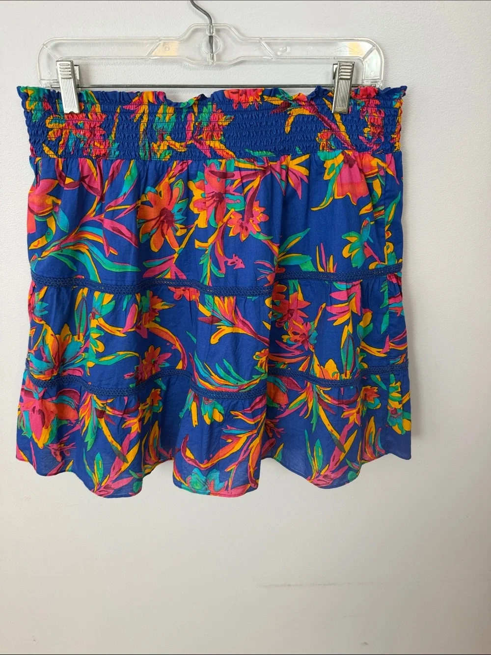 J. Crew Royal Blue Floral Smocked Tiered Skirt with Bright Pink & Yellow Accents